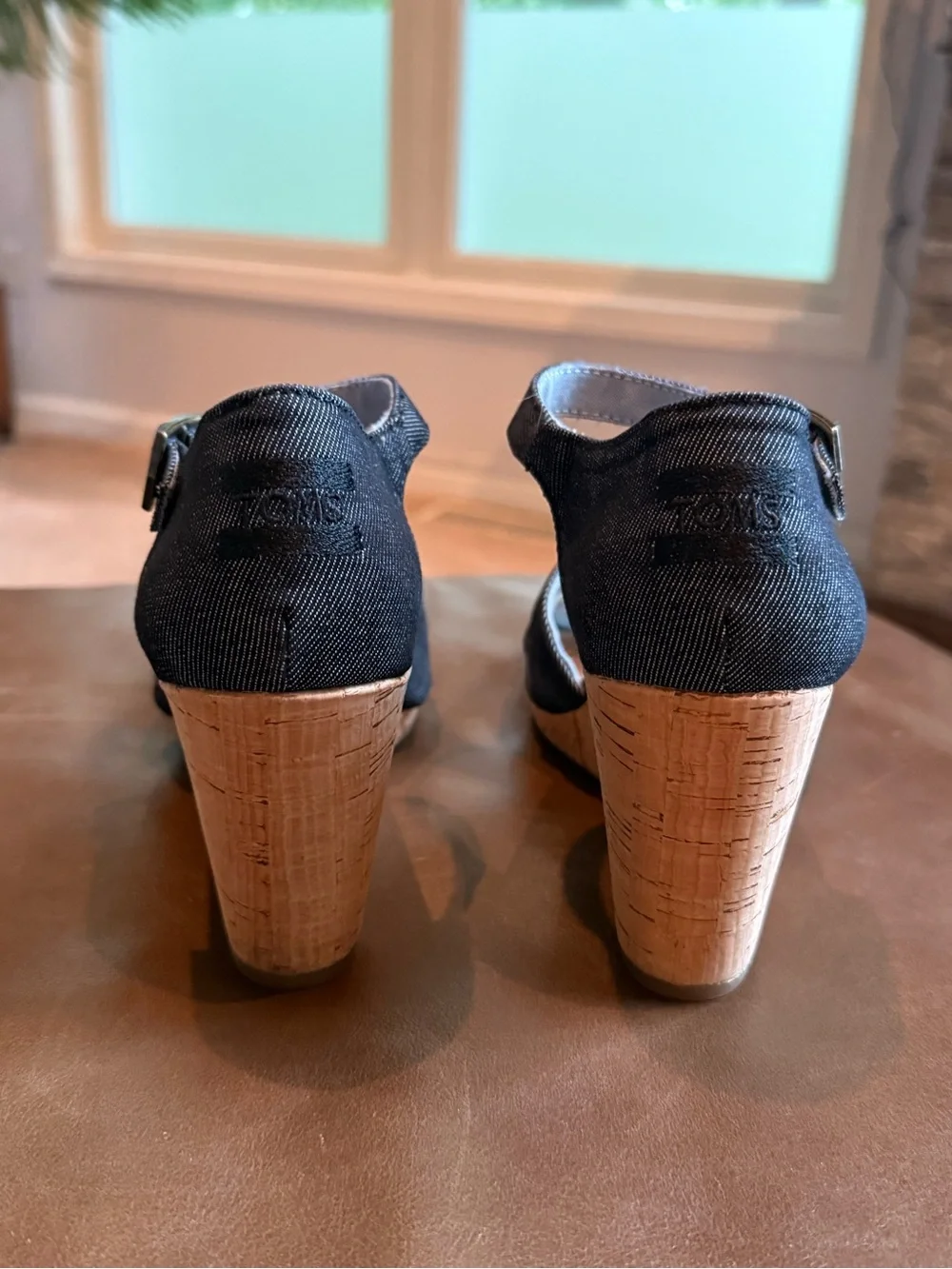 Toms Black Cork Wedge Sandals with Ankle Strap